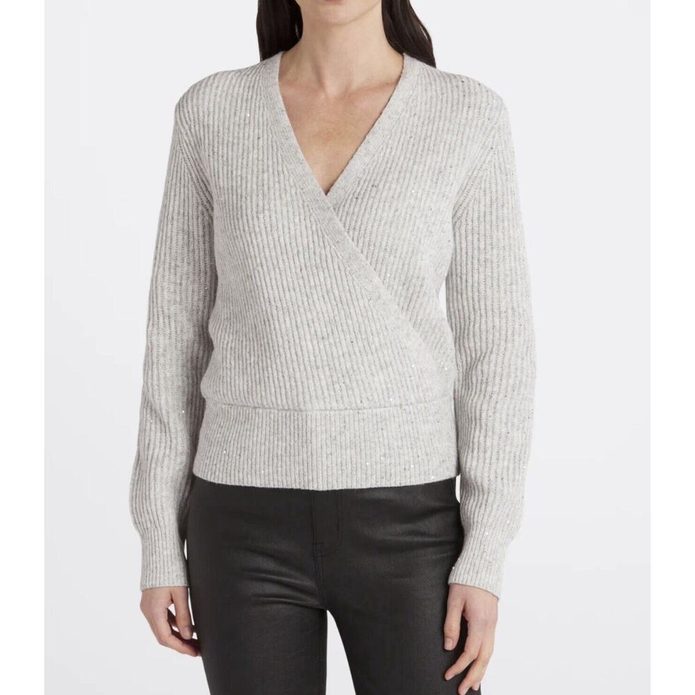 NWT Michael Stars Womens Petite Laurel Surplice Sequin Sweater XLP‎ Light Gray